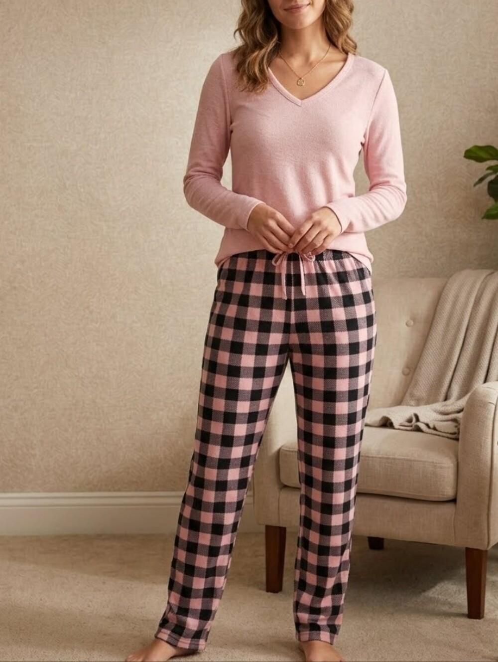 Goodnight Kiss Pink Plaid Cozy Pajama Set Size M